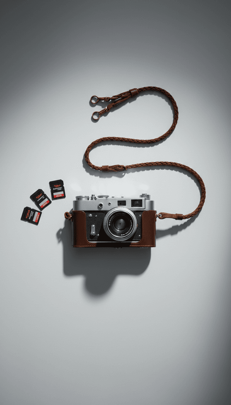 A vintage camera with a leather strap and memory cards