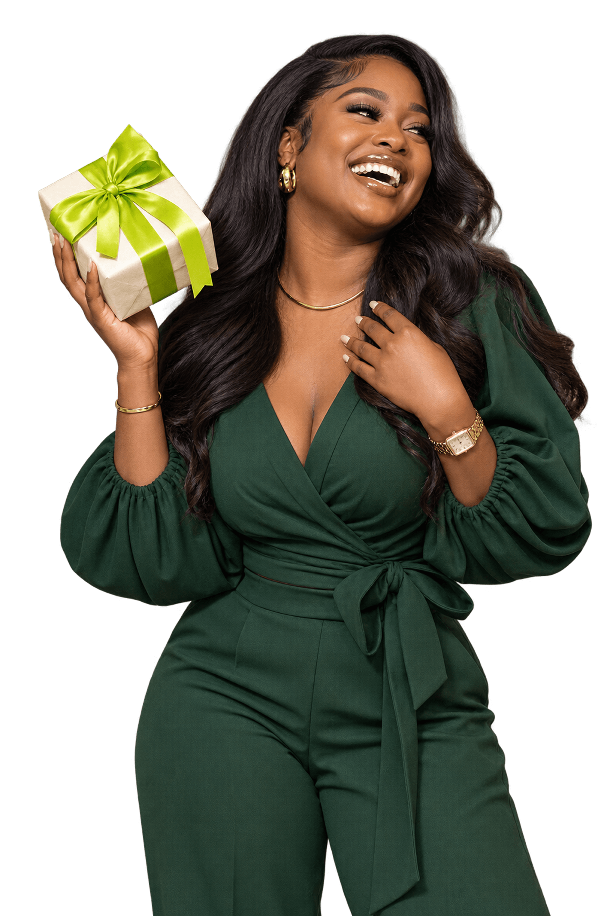 Smiling woman in a green outfit holding up a gift box with a lime ribbon